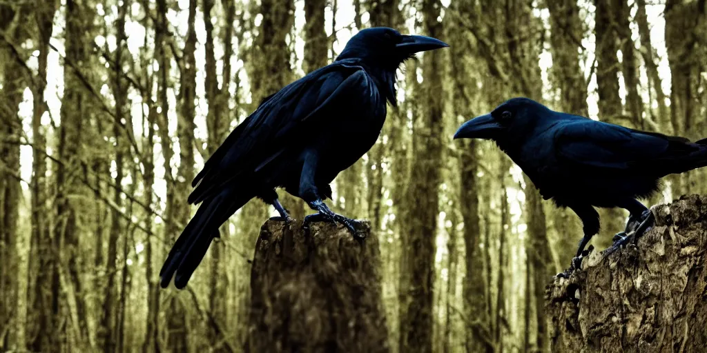 Image similar to mixture between a human and! crow, photograph captured in a forest