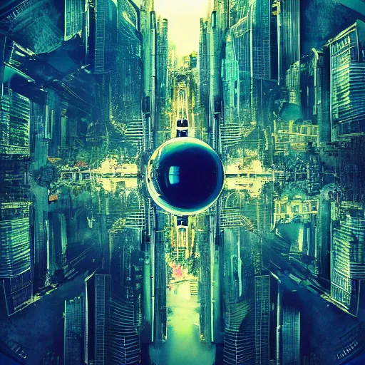 Prompt: a masterpiece!!! photograph of a very large city filled with lots of tall buildings, aerial view top down, a large reflective sphere, cyberpunk art by karol bak and liam wong, flickr contest winner, futurism, nightscape, high dynamic range, cityscape, synthwave