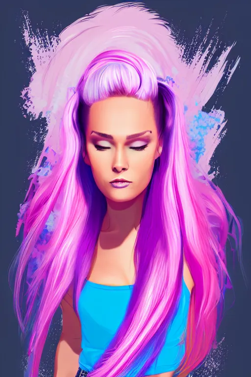 Prompt: a award winning half body porttrait of a beautiful woman in a croptop and cargo pants with ombre purple pink teal hairstyle with head in motion and hair flying, outrun, vaporware, shaded flat illustration, digital art, trending on artstation, highly detailed, fine detail, intricate