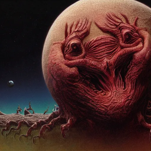 Image similar to horror creature holding planet by Wayne Barlowe, detailed 4k