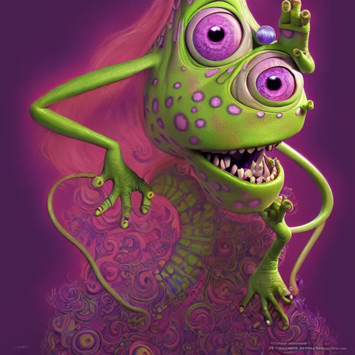 Image similar to psychedelic Monsters Inc. character, Pixar, diffuse lighting, fantasy, intricate, elegant, highly detailed, lifelike, photorealistic, digital painting, artstation, illustration, concept art, smooth, sharp focus, art by John Collier and Albert Aublet and Krenz Cushart and Artem Demura and Alphonse Mucha