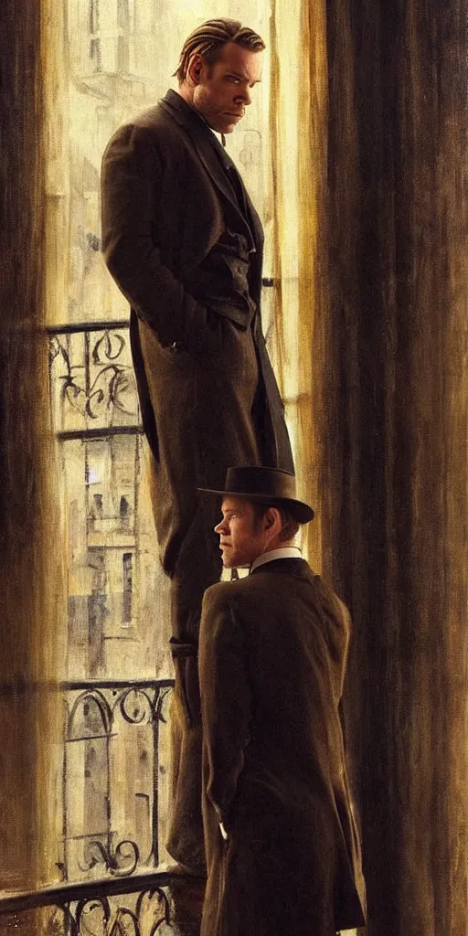 Image similar to we see ewan mcgregor from side. he is dressed as a gentleman at early 2 0 th century paris. atmospheric feeling, warm colours, brown colours, yellow colours, epic scene, cinematic, very detailed, oil painting