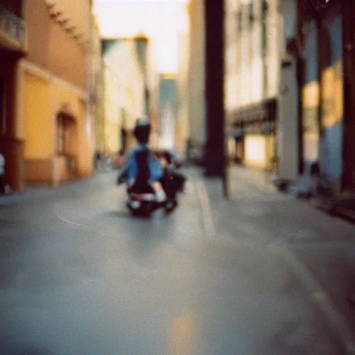 Prompt: portra 800 street photography, the subject is blurry because it's in motion, film portra photography