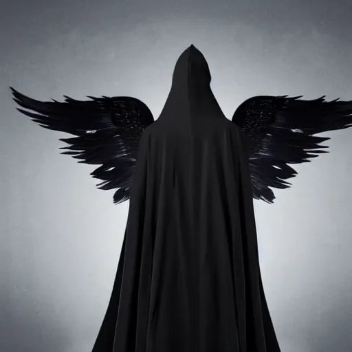 Prompt: dark hooded cloaked angel with long black garments and beautiful black wings floating in the void of space, surrealistic