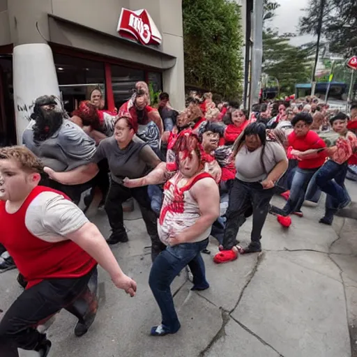 Image similar to a horde of obese zombies trying to get into a barricaded KFC.