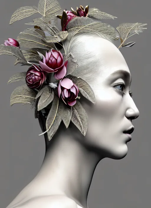 Prompt: complex 3d render ultra detailed of a beautiful porcelain profile woman face, beautiful eyes, mechanical vegetal cyborg, 150 mm, beautiful studio soft light, spot light, rim light, Alexander Mcqueen haute couture, luxurious, silver gold red filigran details, fine foliage lace, magnolia big filigran leaves and stems, roots, mesh wire, intricate details, hyperrealistic, mandelbrot fractal, anatomical, silver metal armor, facial muscles, cable wires, microchip, elegant, white background, beautiful white teeth, octane render, H.R. Giger style, 8k