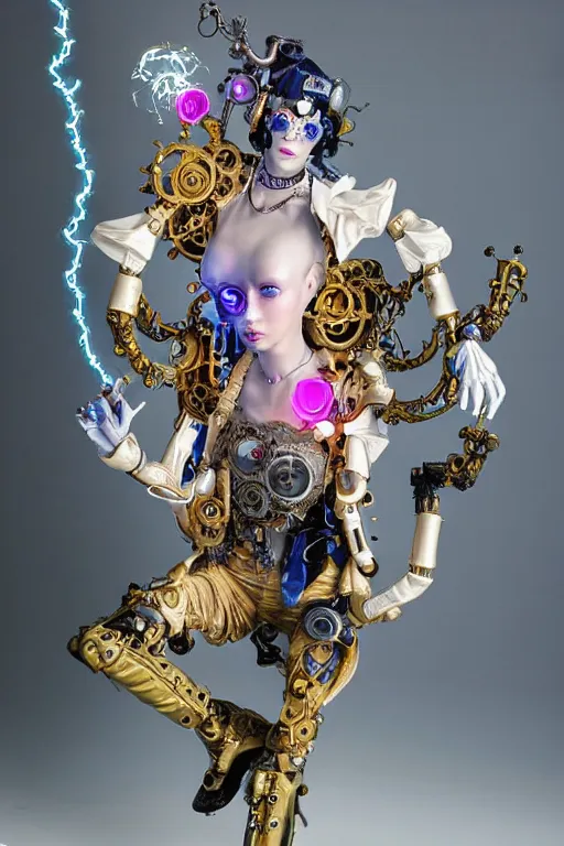 Image similar to full-body porcelain baroque steampunk futuristic style sculpture of a young beautiful goddess as a half-robot wearing cholo shades, blue glowing lips, mechanical fingers, oozing neon radioactive liquid, electric sparks, glowing hot magenta laser beam eyes, blue diamonds, golden steampunk necklace with a glowing white crystal orb, flowing pink satin, industrial fabrics, mechanical plants. baroque and steampunk elements. full-length view. baroque element. intricate artwork by caravaggio. Trending on artstation, octane render, cinematic lighting from the right, hyper realism, octane render, 8k, depth of field, 3D