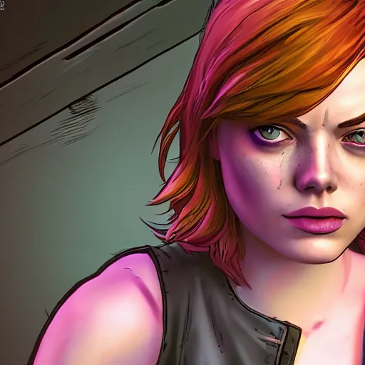 Image similar to emma stone portrait, borderlands, tales from the borderlands, the wolf among us, comic, cinematic lighting, studio quality, 8 k