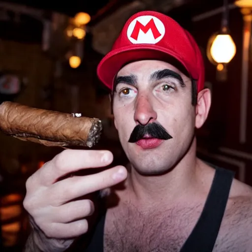 Image similar to super mario in a bar smoking a cigar with bloodshot eyes