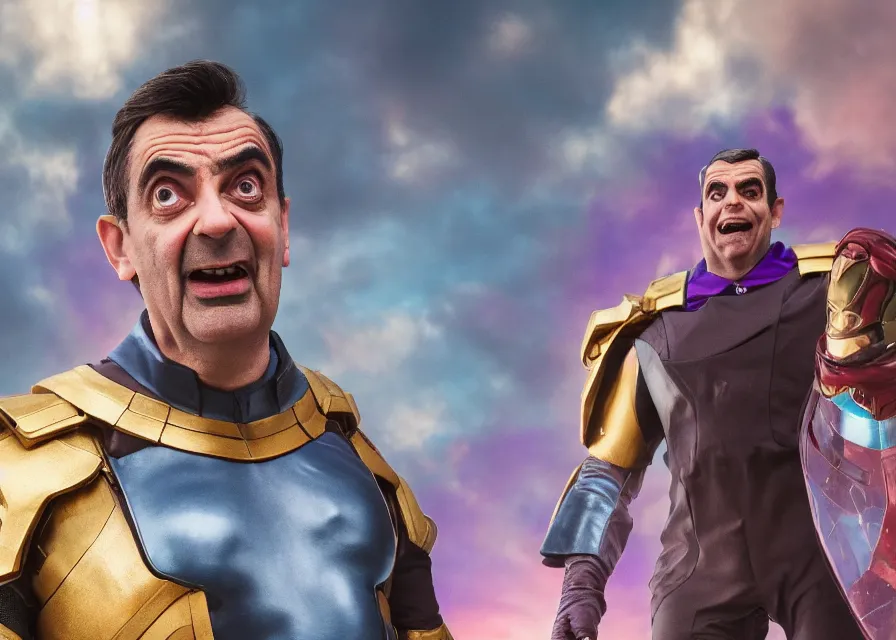 Prompt: mr bean as thanos, 4 0 mm f / 2. 8, cinematic, anamorphic, dramatic