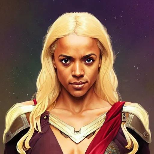 Image similar to Maisie Richardson-Sellers with blonde hair as Super Girl, western, D&D, fantasy, intricate, elegant, highly detailed, digital painting, artstation, concept art, matte, sharp focus, illustration, art by Artgerm and Greg Rutkowski and Alphonse Mucha