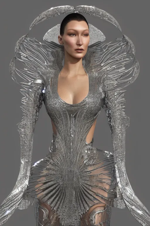 Image similar to a highly detailed 4 k portrait render of a beautiful angel alien goddess bella hadid in iris van herpen dress schiaparelli in diamonds in style of alphonse mucha trending on artstation made in unreal engine 4