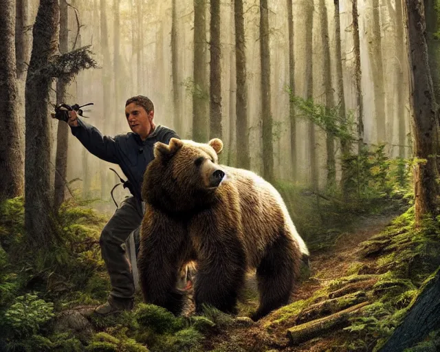 Prompt: bear grylls fending off a grizzly bear in the woods, matte painting, ultra wide shot, sharp focus, wallpaper art, dramatic lighting, artwork by greg rutowski and thomas kinkade