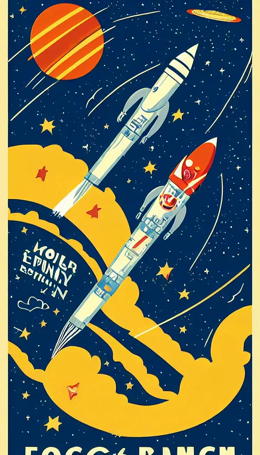 Image similar to retro propaganda poster for space exploration, rocket launching, stars and planets