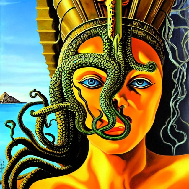 Prompt: a beautiful painting cthulhu mythos robot queen of egypt medusa face, by salvador dali realistic oil painting