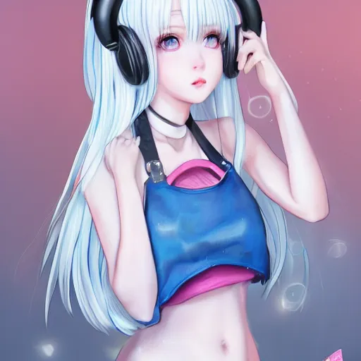 Prompt: realistic detailed semirealism beautiful gorgeous buxom hot girl natural cute excited happy realistic Blackpink Lalisa Manoban white hair white cat ears blue eyes, wearing apron, headphones, black leather choker realistic artwork drawn full HD 4K high resolution quality artstyle professional artists WLOP, Aztodio, Taejune Kim, Guweiz, Pixiv, Instagram, Artstation