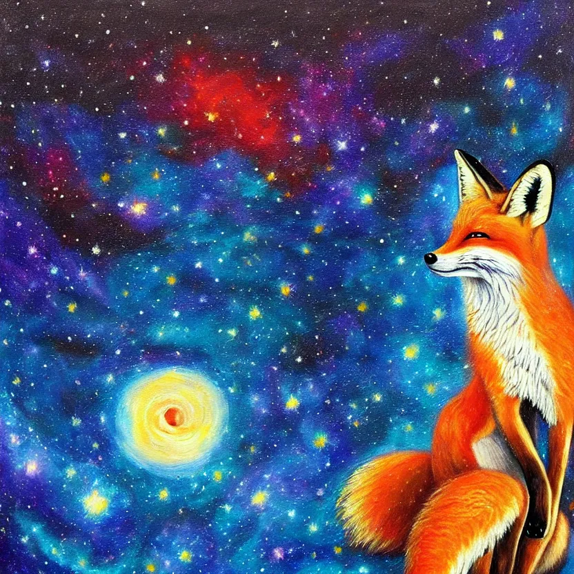 Image similar to a painting of a fox looking up at the colourful galaxy in the style of Starry Night, highly detailed, trending on artstation