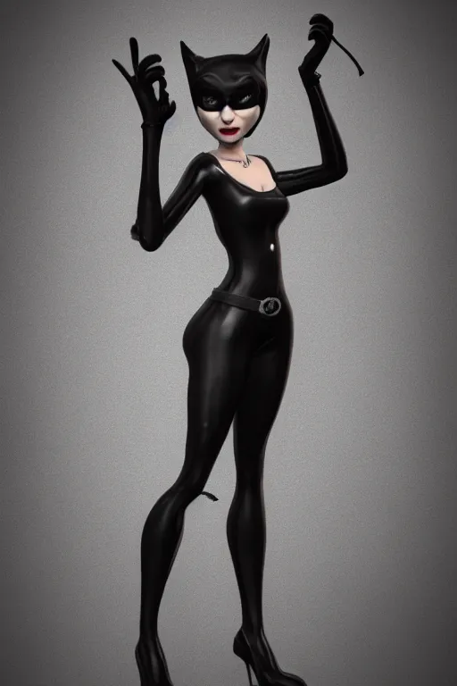 Image similar to full body 3d render of Catwoman in the style of Tim Burton, photorealistic, finalRender, octane, Unreal Engine