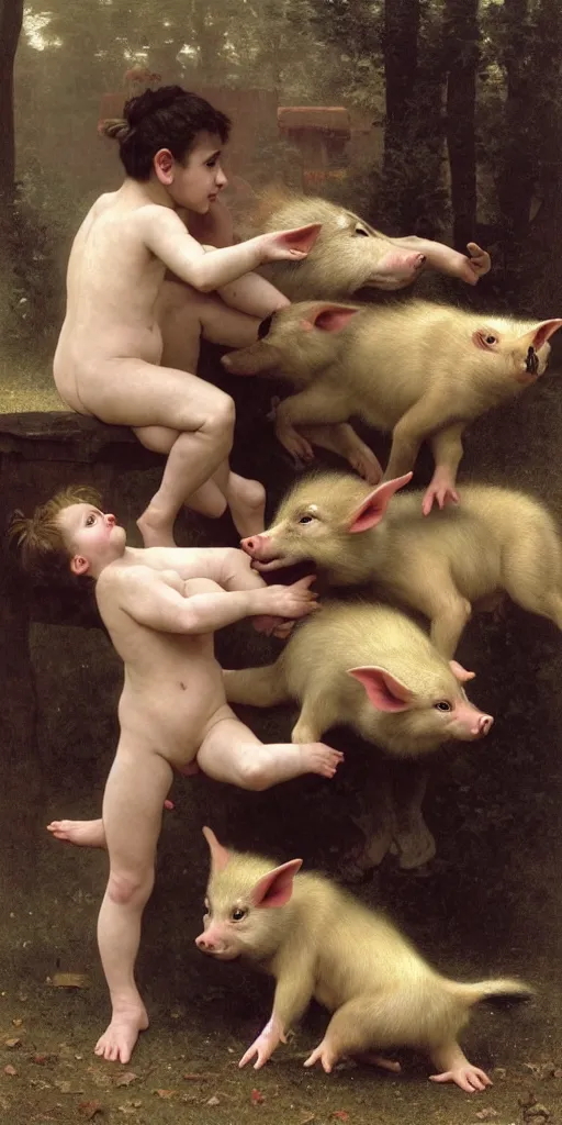 Image similar to photo of three little pigs tickling the wolf who is begging for mercy. regal, realistic, refined, detailed digital art, oil painting, william - adolphe bouguereau, art frahm, esao andrews, highly detailed, cinematic lighting, unreal engine, 8 k, hd extremely detailed. 4 k. award winning. ultra realistic photo.