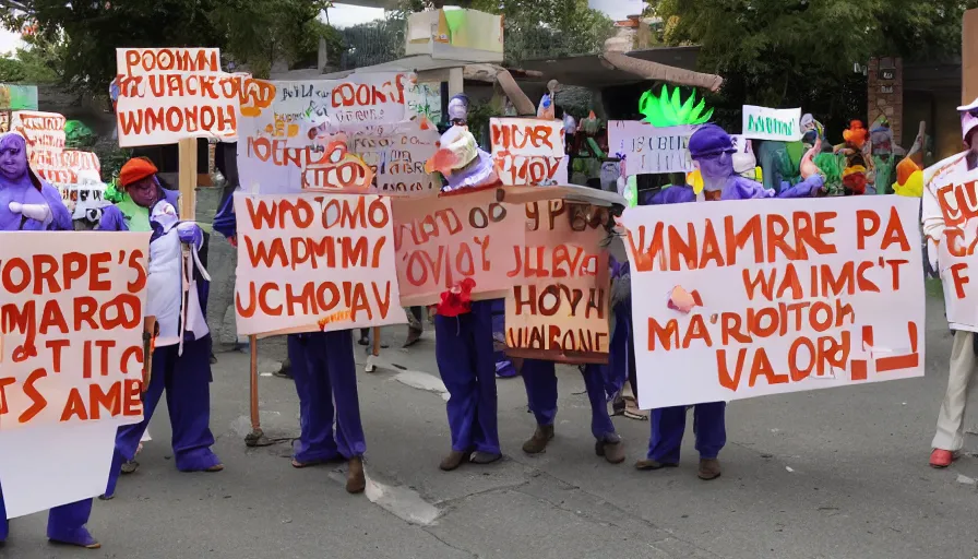 Image similar to willy wonka's oompa loompas holding up signs and protesting outside the factory against unfair work conditions