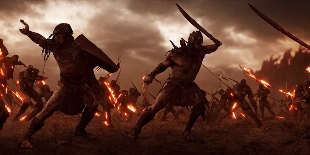 Image similar to epic battle screen of hero, film still from the movie'3 0 0'( 2 0 0 6 ), 3 d, 8 k realistic, cryengine, playstion 5 screen, cinematic lighting