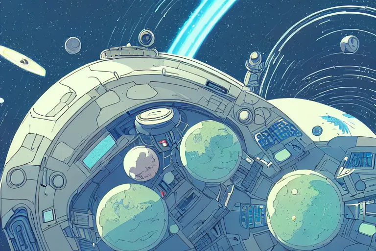 Prompt: a scifi illustration, hyper detailed external view of a space colony. aerial view. establishing shot. epic composition. flat colors, limited palette in FANTASTIC PLANET La planète sauvage animation by René Laloux