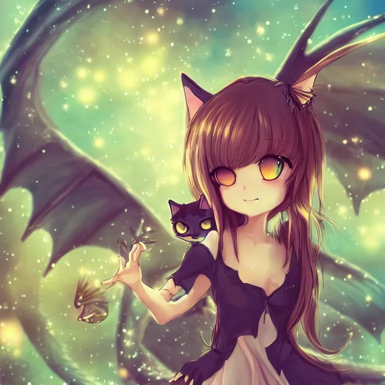 Image similar to cute, full body, female, anime style, a cat girl with fairy wings patting a dragon, large eyes, beautiful lighting, sharp focus, simple background, creative, heart effects, filters applied, illustration