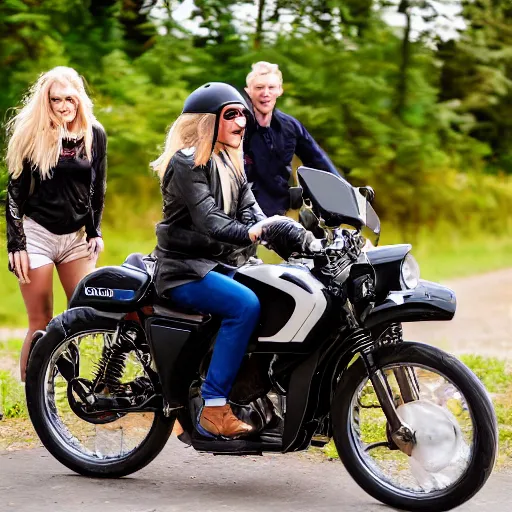 Image similar to photo of a horse - motorcycle being ridden by a blonde woman
