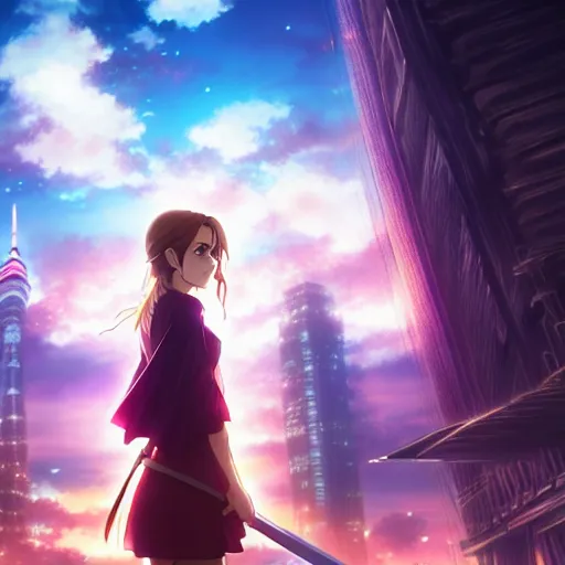 Image similar to portrait emma watson in heavens feel movie, tokyo, ufotable, key visual, cinematic, city background, night time, rooftop, fate stay night, unlimited blade works, greg rutkowski, high resolution, street clothes, anime, high budget