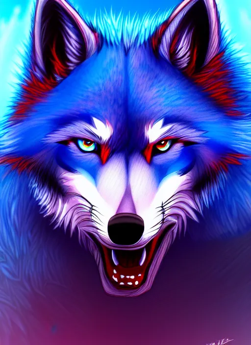 Image similar to blue wolf with red eyes, blue fur highly detailed, deep focus, digital painting, smooth, sharp focus, anime art style, trending on artstation, 4 k