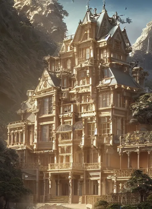 Image similar to a diamond carved mansion on a mystic groove, mysticism, art style by kim jung gi karl marx greg rutkowski ghibli, au naturel, hyper detailed, digital art, trending in artstation, cinematic lighting, studio quality, smooth render, unreal engine 5 rendered, octane rendered