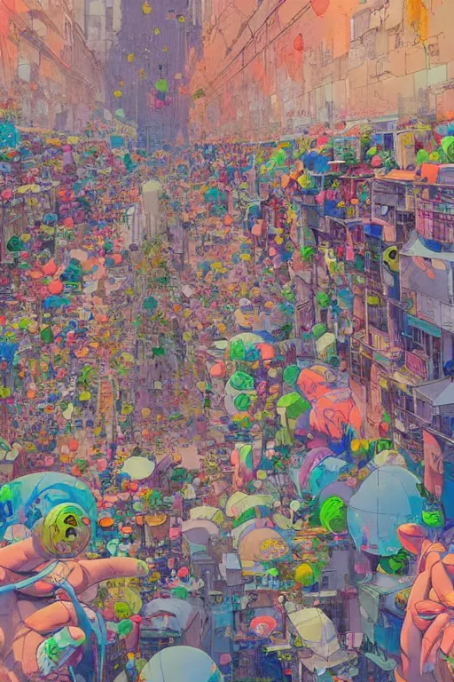 Image similar to people walking in a city covered with graffiti paint dripping down to the floor from the sky, professional illustration by james jean, painterly, yoshitaka Amano, hiroshi yoshida, moebius, loish, painterly, and artgerm, illustration