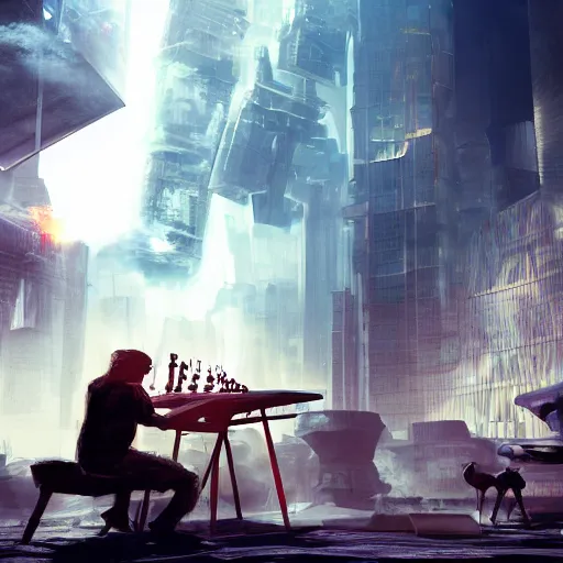 Image similar to apocalyptic future city, a godlike creature is playing chess. the chess figures are planets. smoke. volumetric lighting, sharp focus, ultra detailed, cgsociety - w 1 0 2 4 - n 8 - i