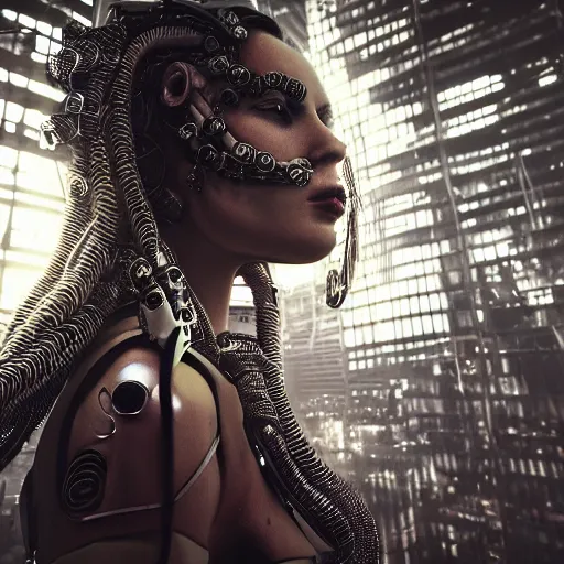 Image similar to Cyberpunk medusa, dark atmosphere, cinematic shot, intricate, ornate, photorealistic, ultra detailed, realistic, 35mm, photography, neon, octane, high definition, depth of field, bokeh, 8k, artstation