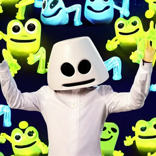 Image similar to marshmello prays to crazy frog with hands clasped