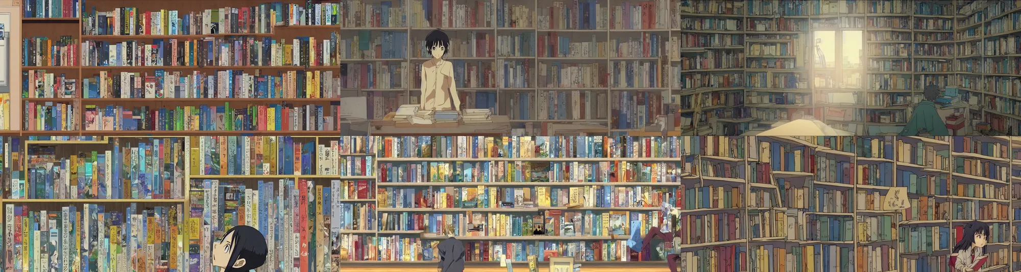 Prompt: A screenshot from the anime film by makoto shinkai of a front view of a bookshelf with many well-read mangas, little toys, pencils and books