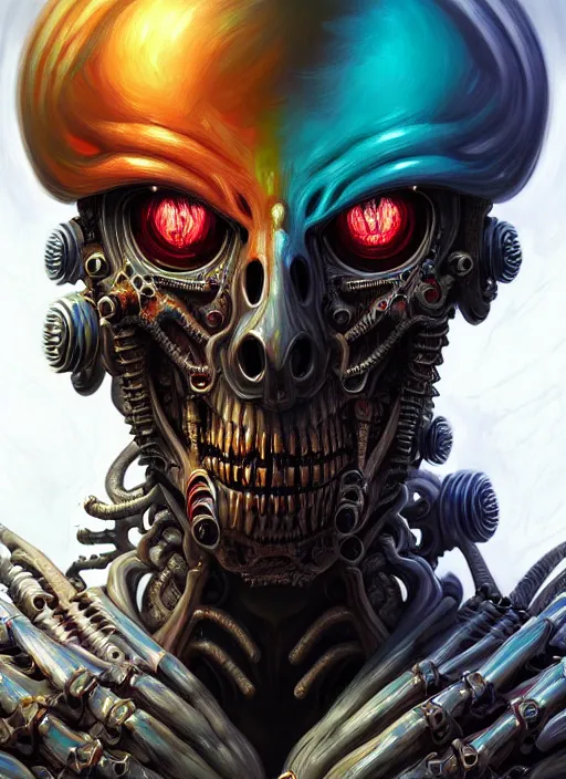 Prompt: hyper detailed ultra sharp painting of a undead biomechanical warrior trance man. trending on artstation, warpaint aesthetic, earthwave, colorful, psychedelic, ornate, intricate, digital painting, concept art, smooth, sharp focus, illustration, art by artgerm and greg rutkowski and h. r. giger, 8 k