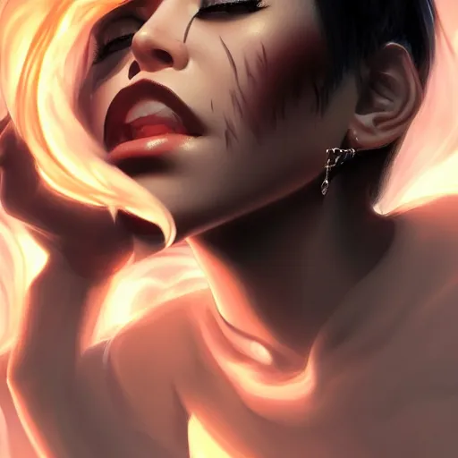 Prompt: woman with black hair, backlit smoke, hard light, cinematic lighting, high detail, made by artgerm, trending on artstation, sharp focus, smooth