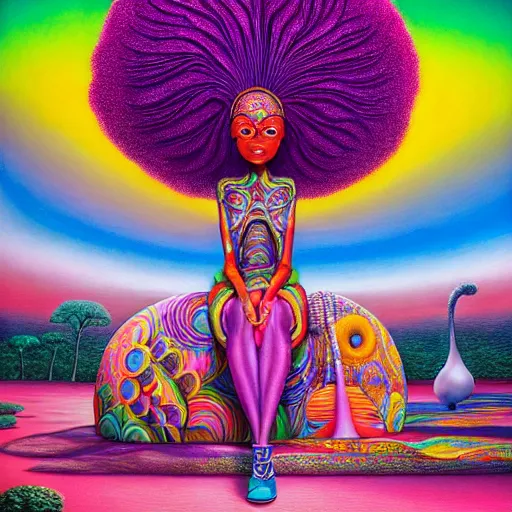 Image similar to a regal and elegant african queen with a colorful afro sitting in a cabana on top of an extremely large steampunk elephant near a pink lake with a large glowing baobab tree, by amanda sage and alex grey and evgeni gordiets in a surreal psychedelic style, oil on canvas 8k, hd