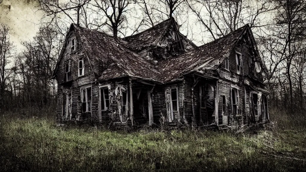 Prompt: old abandoned house in the forest, dark, bright color, spooky, dreamlike, in the style of 1 3 ghosts movie, low light, hyperrealistic, coherent composition