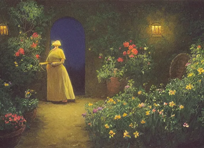 Prompt: oil painting by ralph maquarrie of an old lady tending to her garden at night, garden full of flowers