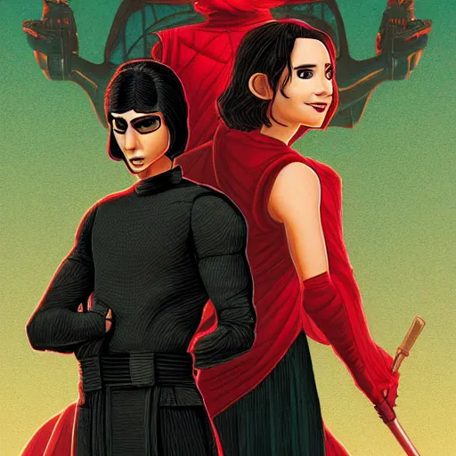 Image similar to goosebumps book r l stine book cover with rey and kylo ren, in the style of tim jacobus