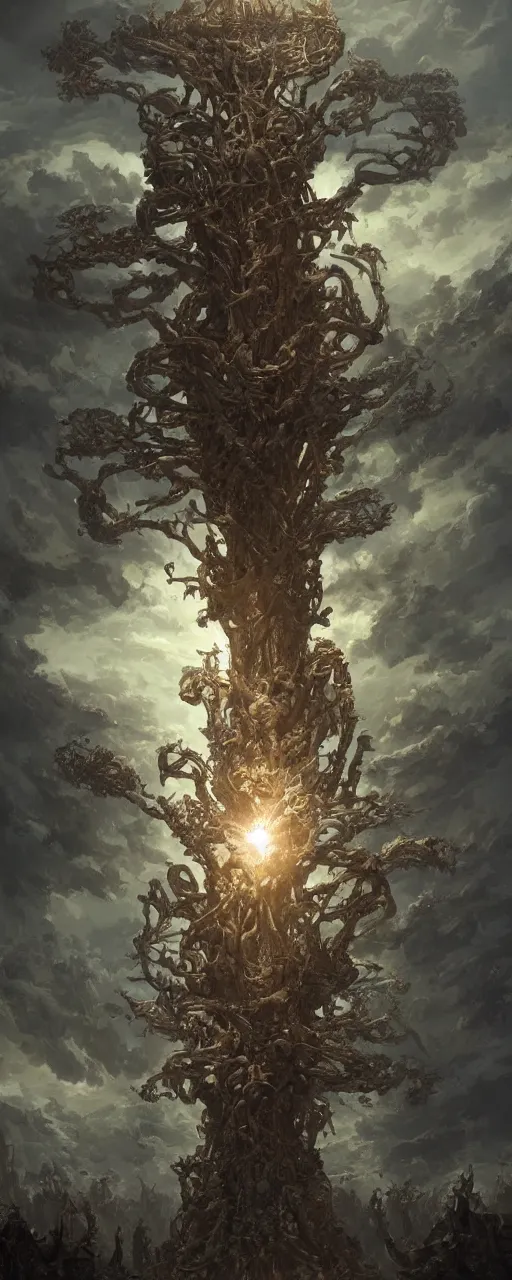 Prompt: a giant climbs a tree made of biomechanical arms and legs, intricate details, finger branches, backlit, clouds, a crowd of robed worshipers, giant people climbing the tree, concept art, by greg rutkowski