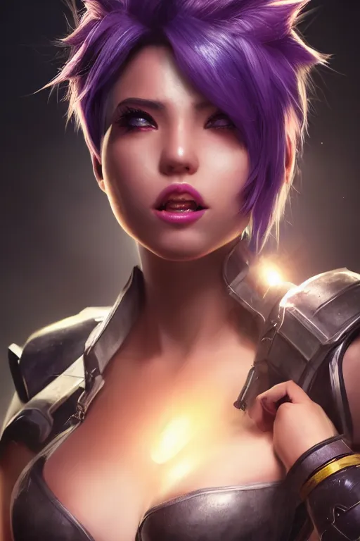 Image similar to ultra realistic facial portrait of vi from league of legends, digital art, character portrait, highly detailed, trending on artstation, lens flare, atmosphere, hyper realistic, cinematic lightning, sharp focus, unreal engine 5, extreme details perfect face, pretty face, fine - face, illustration, 8 k, ultra texture, masterpiece