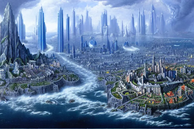 Image similar to a beautiful complex insanely detailed matte painting of the magical city of Atlantic by Heironymous Bosch and James Gurney, blue and silver towers