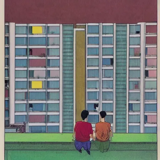 Image similar to art of two singaporean students sitting on the roof of a hdb flat, by moebius