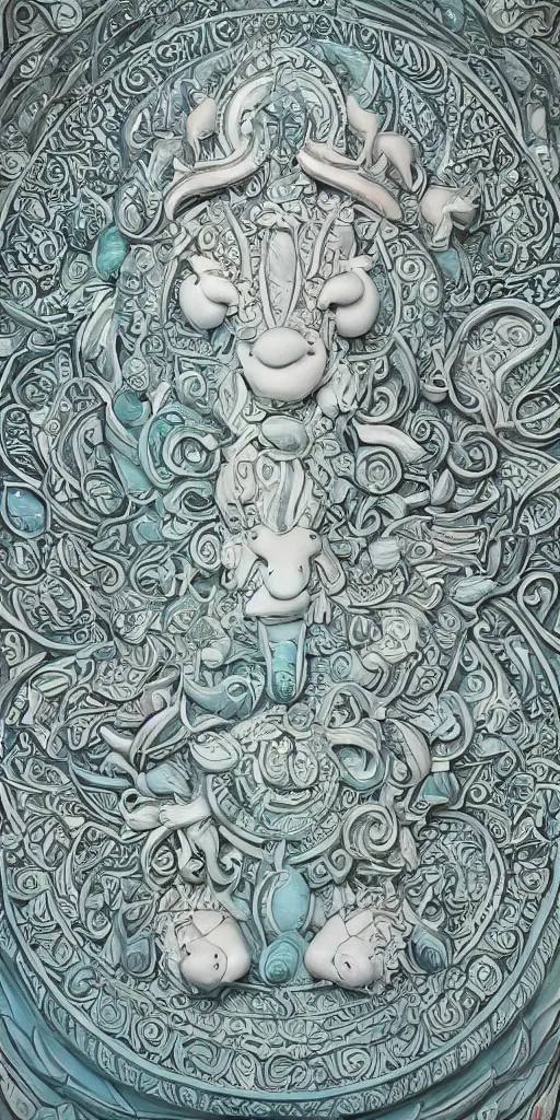 Image similar to intricate colourfully painted carved Soapstone relief paneling, white and pale blue , celestial, pig, piglet, piggy, pig goddess, mother earth, Earth Goddess mythology, Gaia, angels, divinity, Ghostly, crystaline celtic, insanly detailed , artstation, wallpaper, hyper realistic, realistic lighting