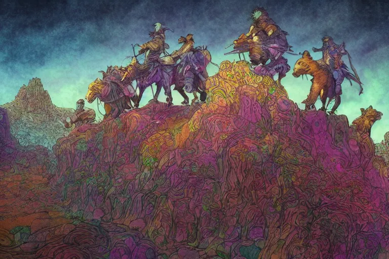 Image similar to group of bear riders walking through a psychedelic landscape, in the style of Greg Broadmore and Arthur Rackham and Moebius, trending on artstation, light lighting side view,digital art,surrealism ,macro,blueprint ,vaporwave ,