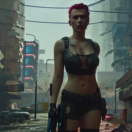 Image similar to bruised scarlett johansson after a bad mission in Cyberpunk 2077. CP2077. 3840 x 2160