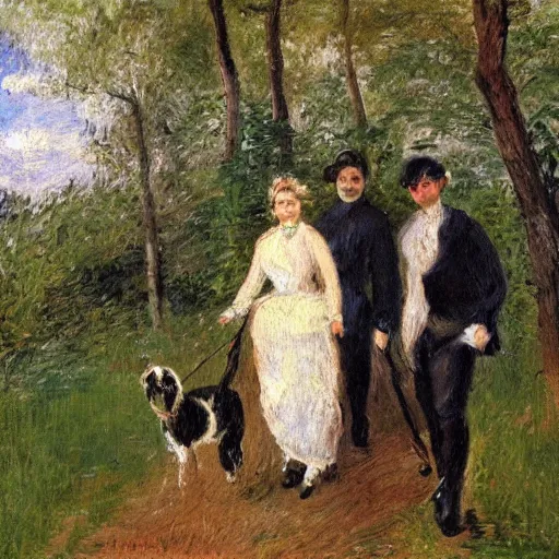 Prompt: painting of three women , a man and a white dog walking in a forest. Impressionism.